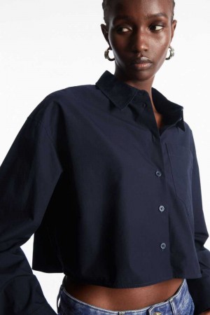 COS Cropped Poplin Hemd Damen Navy | 1352-NYSTO