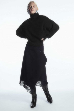 COS Fringed Wolle Midi Wrap Röcke Damen Navy | 7315-KVLOR