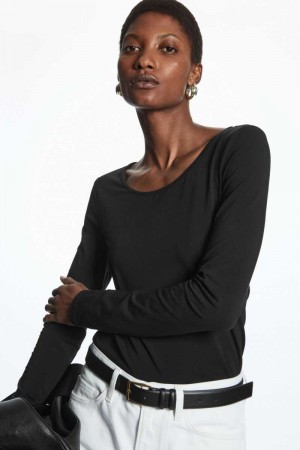 COS Scoop-Neck Long-Sleeved Oberteile Damen Schwarz | 9625-DLUTV