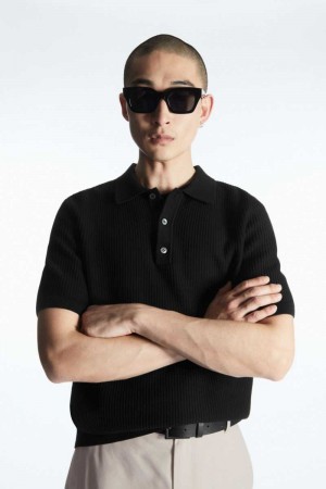 COS Textured Gestrickt Polo Shirts Herren Schwarz | 4891-BIUDP