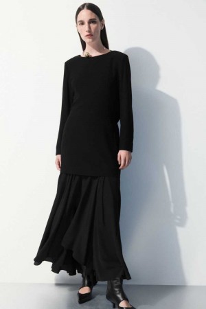 COS The Flared Silk Maxi Röcke Damen Schwarz | 6074-GTHBO