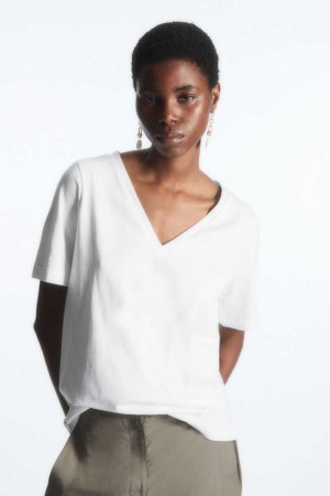 COS V-Neck T-shirts Damen Weiß | 0152-JARUT