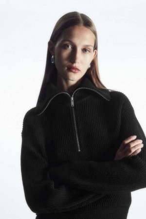 COS Wolle And Baumwoll Half-Zip Pullover Damen Schwarz | 4369-SDZWB