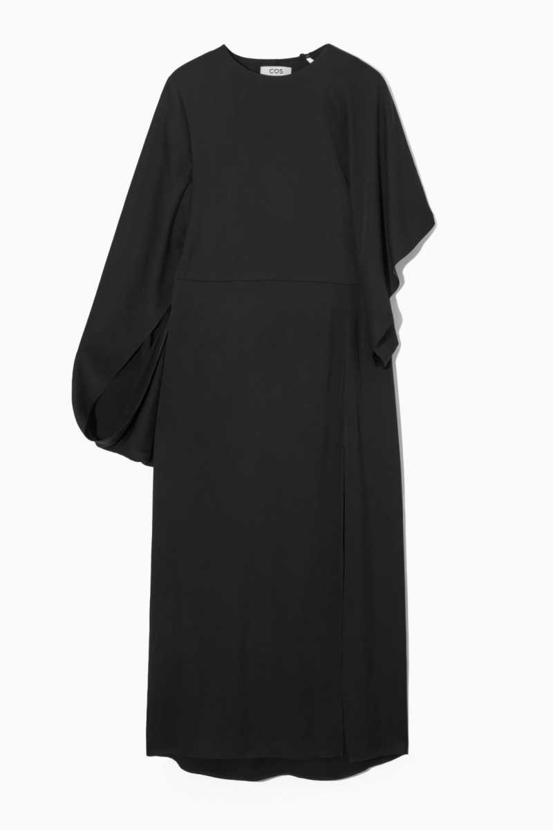 COS Asymmetric-Sleeve Draped Midi Kleid Damen Schwarz | 2309-IEOAG