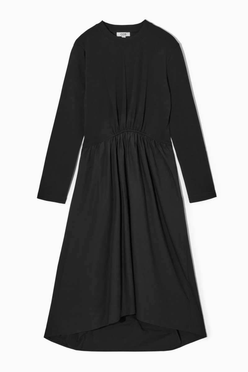 COS Asymmetric Gathered-Taille Midi Kleid Damen Schwarz | 6120-QNMKE