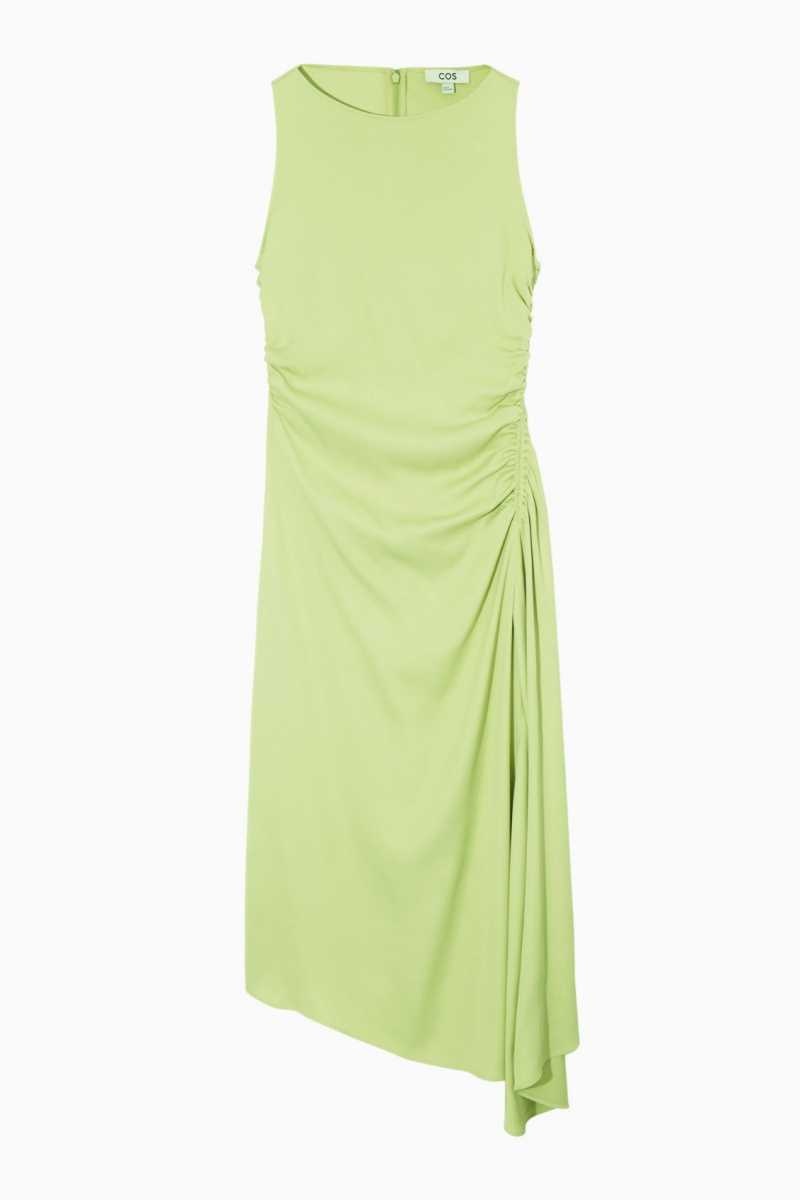 COS Asymmetric Gathered Satin Midi Kleid Damen Grün | 0324-TUCWS