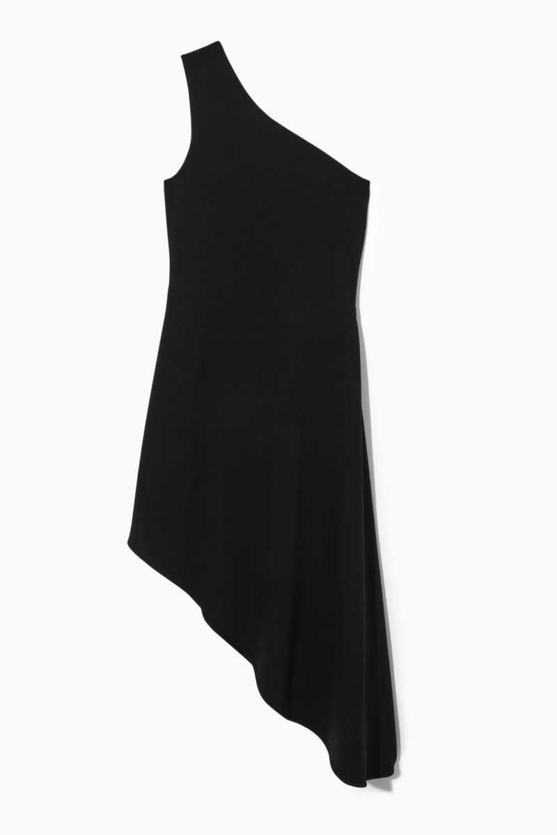 COS Asymmetric One-Shoulder Midi Kleid Damen Schwarz | 7916-DQCHY