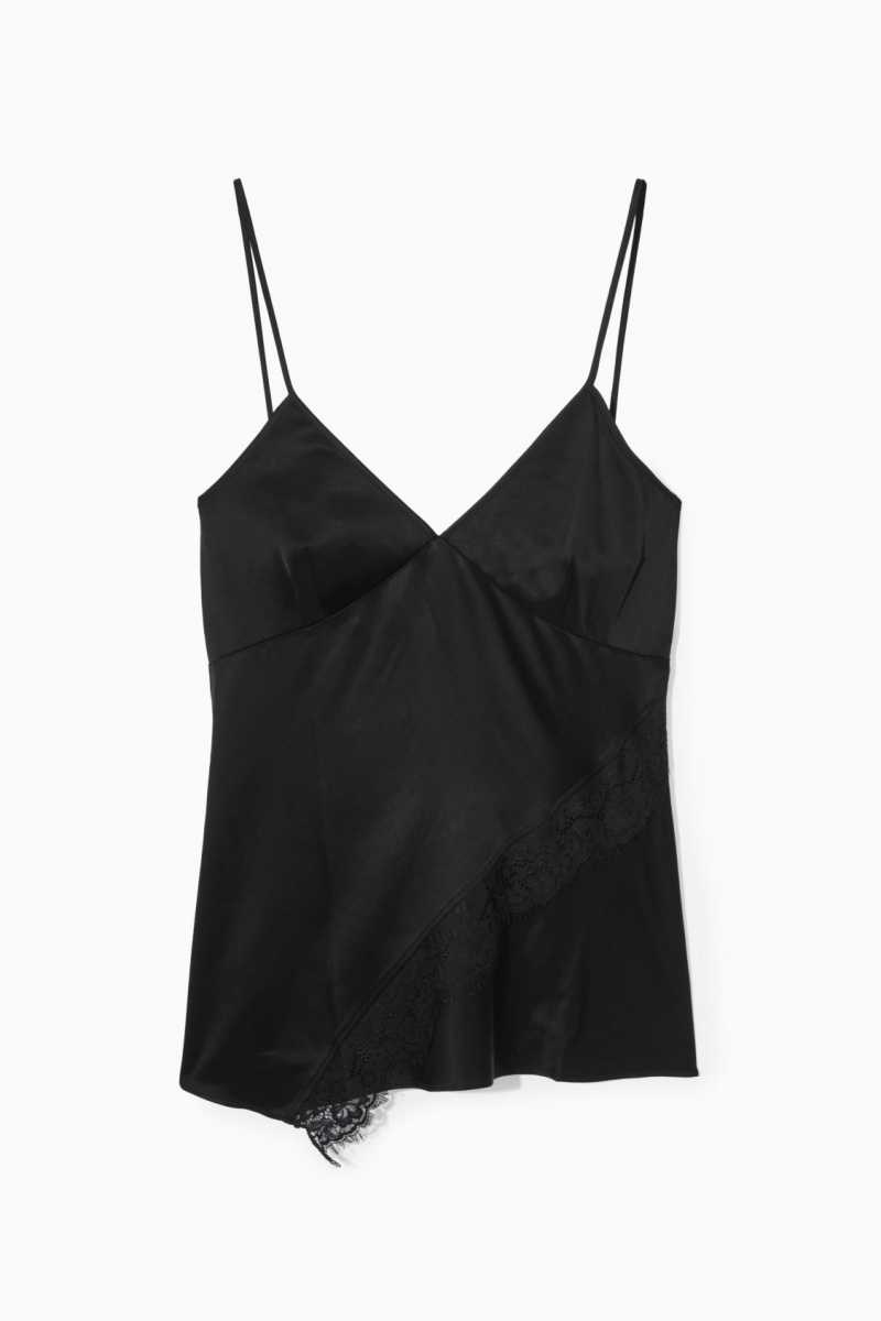 COS Asymmetric Spitze-Trimmed Satin Camisole Oberteile Damen Schwarz | 3590-BSUAK