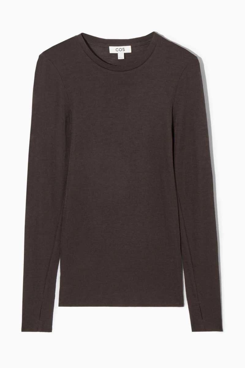 COS Crew-Neck Merino Wolle Top Pullover Damen Dunkelbraun | 5491-INGRV