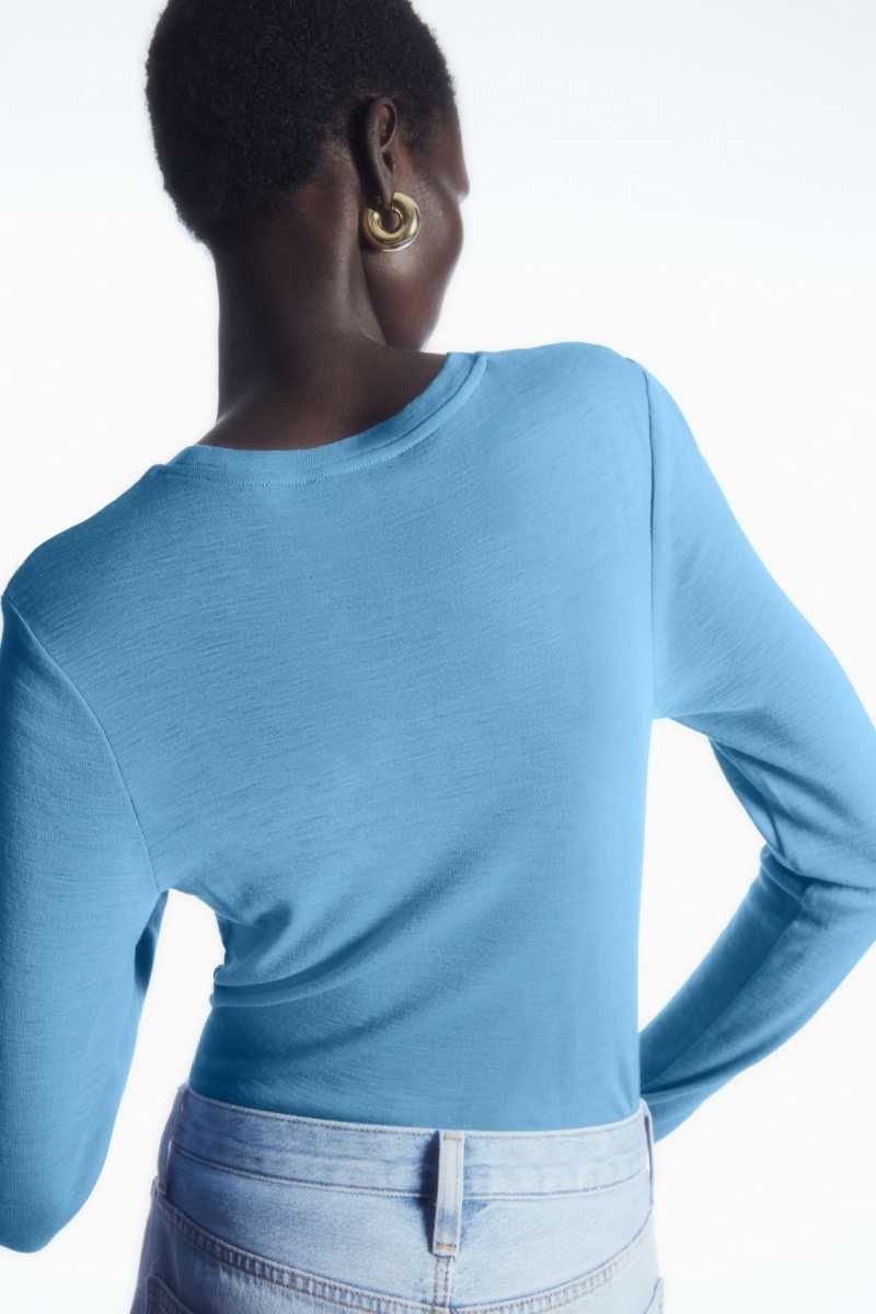 COS Crew-Neck Merino Wolle Top Pullover Damen Hellblau | 5870-QHTLN