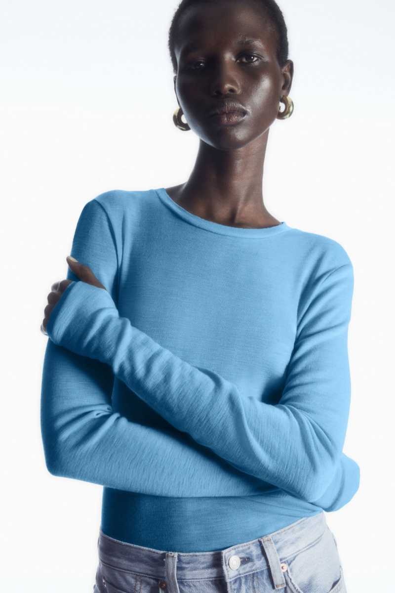 COS Crew-Neck Merino Wolle Top Pullover Damen Hellblau | 5870-QHTLN