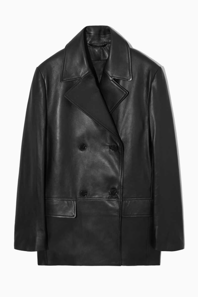 COS Double-Breasted Leder Jacken Damen Schwarz | 4370-SFBZV