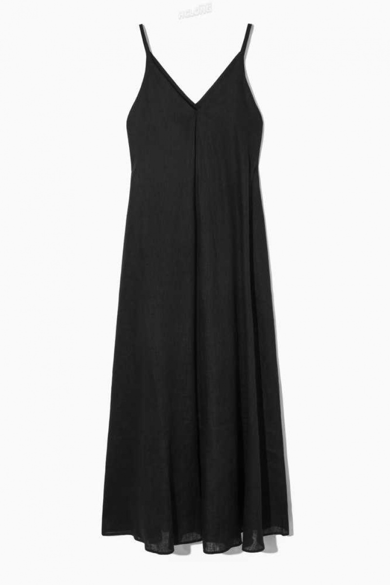 COS Falten V-Neck Linen Midi Kleider Kleid Damen | 6213-EUGPO