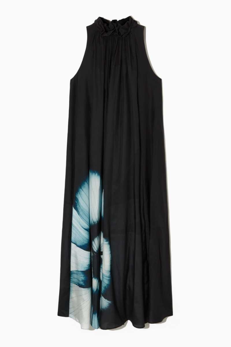 COS Floral-Print Silk-Blend Maxi Kleid Damen Schwarz | 1394-VDFKC