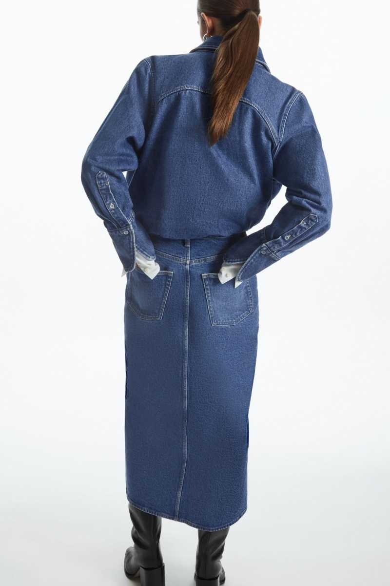 COS Front-Slit Denim Midi Röcke Damen Blau | 1920-XKYAQ