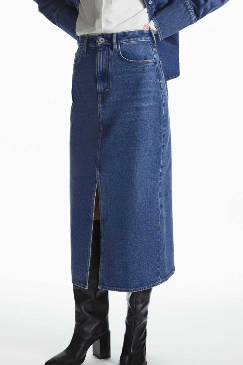 COS Front-Slit Denim Midi Röcke Damen Blau | 1920-XKYAQ