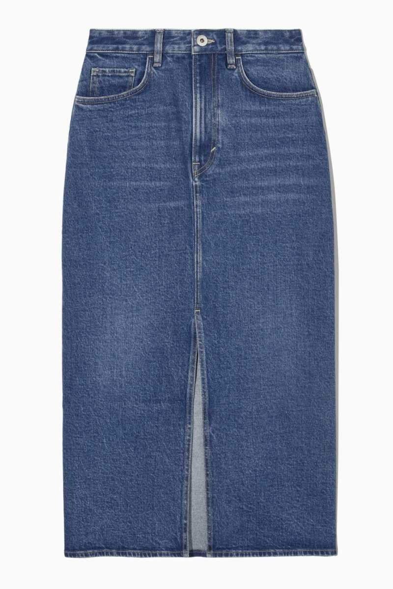 COS Front-Slit Denim Midi Röcke Damen Blau | 1920-XKYAQ