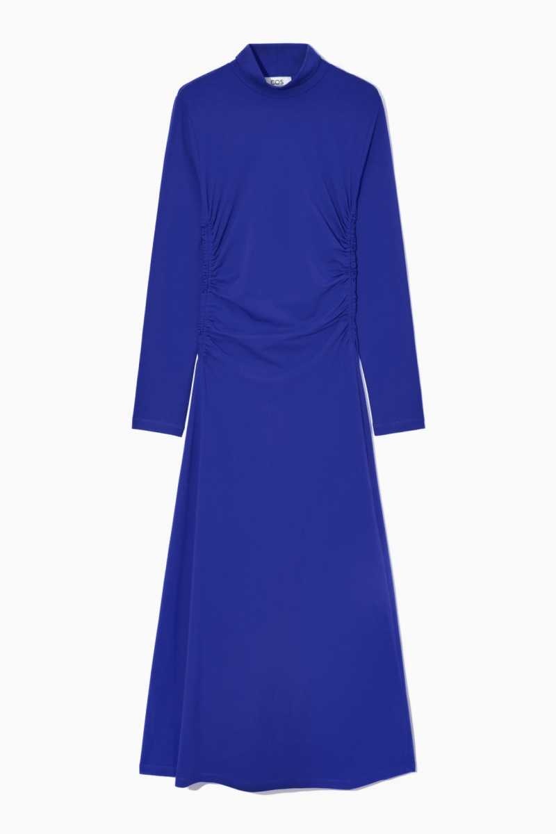 COS High-Neck Gathered Midi Kleid Damen Hellblau | 3641-OQFVL