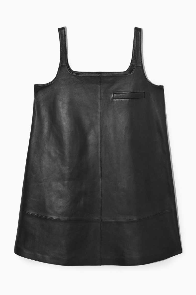 COS Leder Mini Pinafore Kleid Damen Schwarz | 1893-JESFY