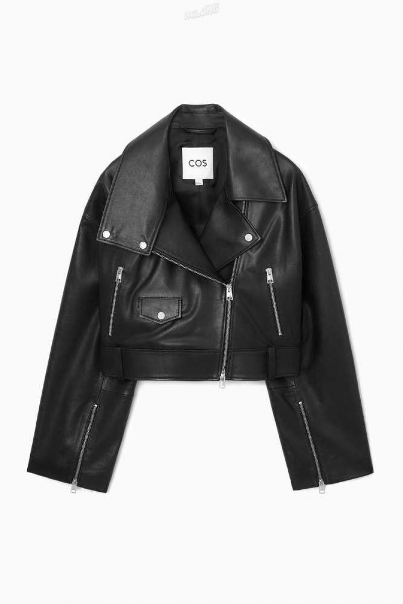 COS Oversized Cropped Leder Biker Jacken Damen | 2409-WVQSK