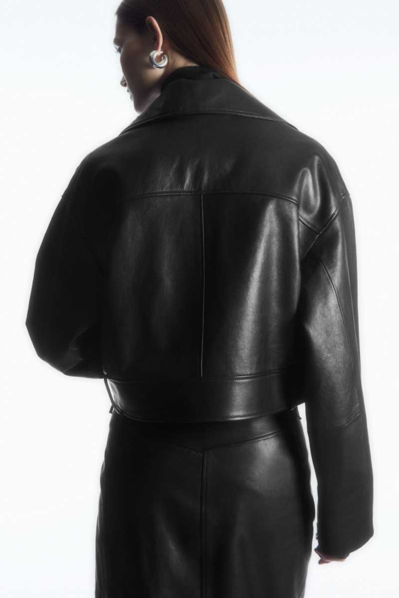 COS Oversized Cropped Leder Biker Jacken Damen Schwarz | 8532-SXGAQ