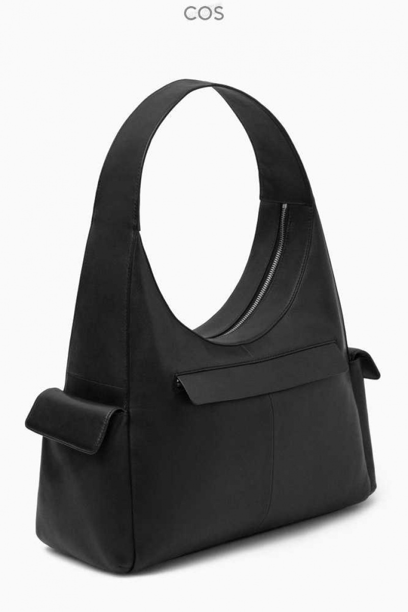 COS Pocket Shoulder Bag - Leder Taschen Damen Schwarz | 4609-YDNJK