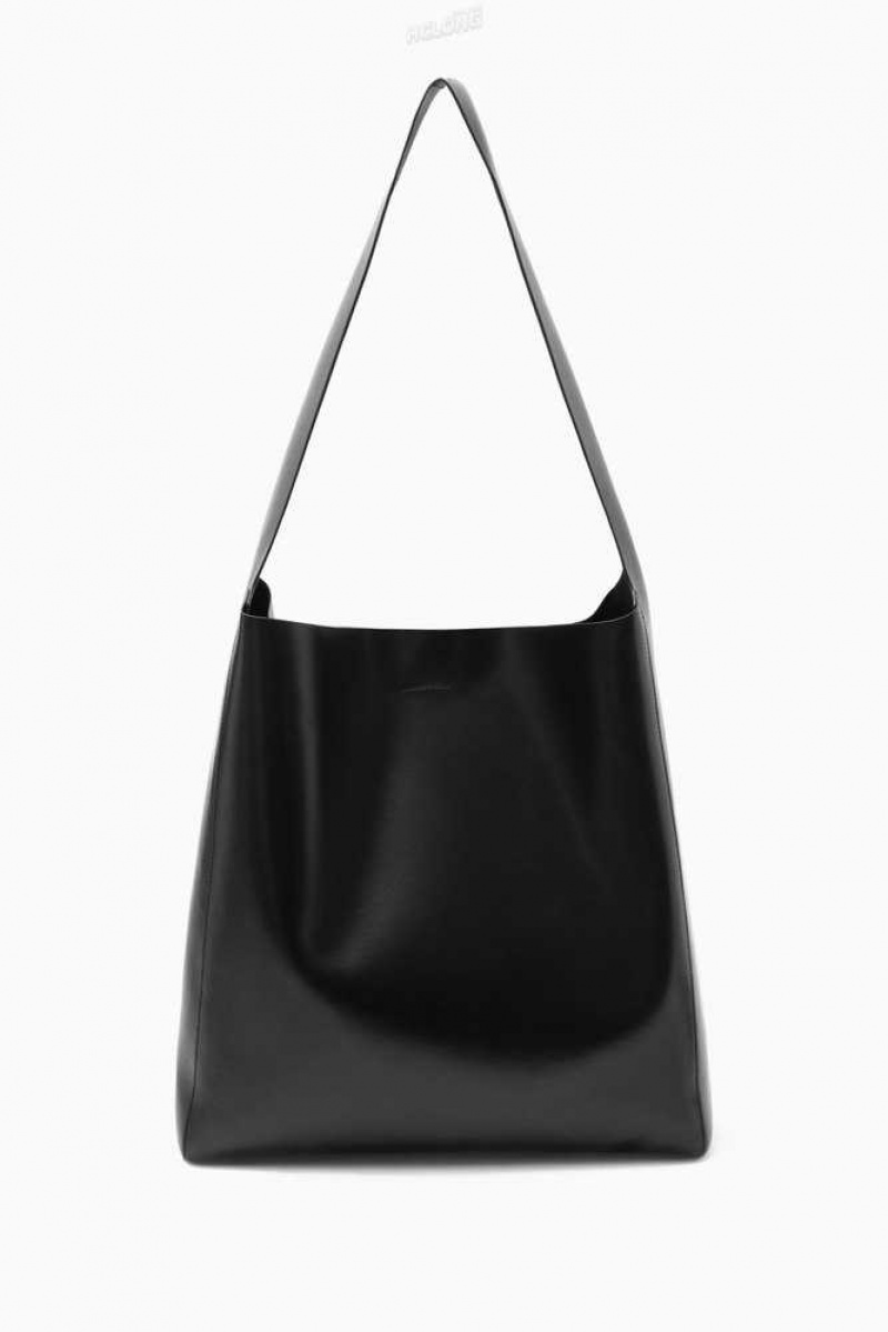 COS Slouchy Shoulder Bag - Leder Taschen Damen Schwarz | 8459-EWHZC