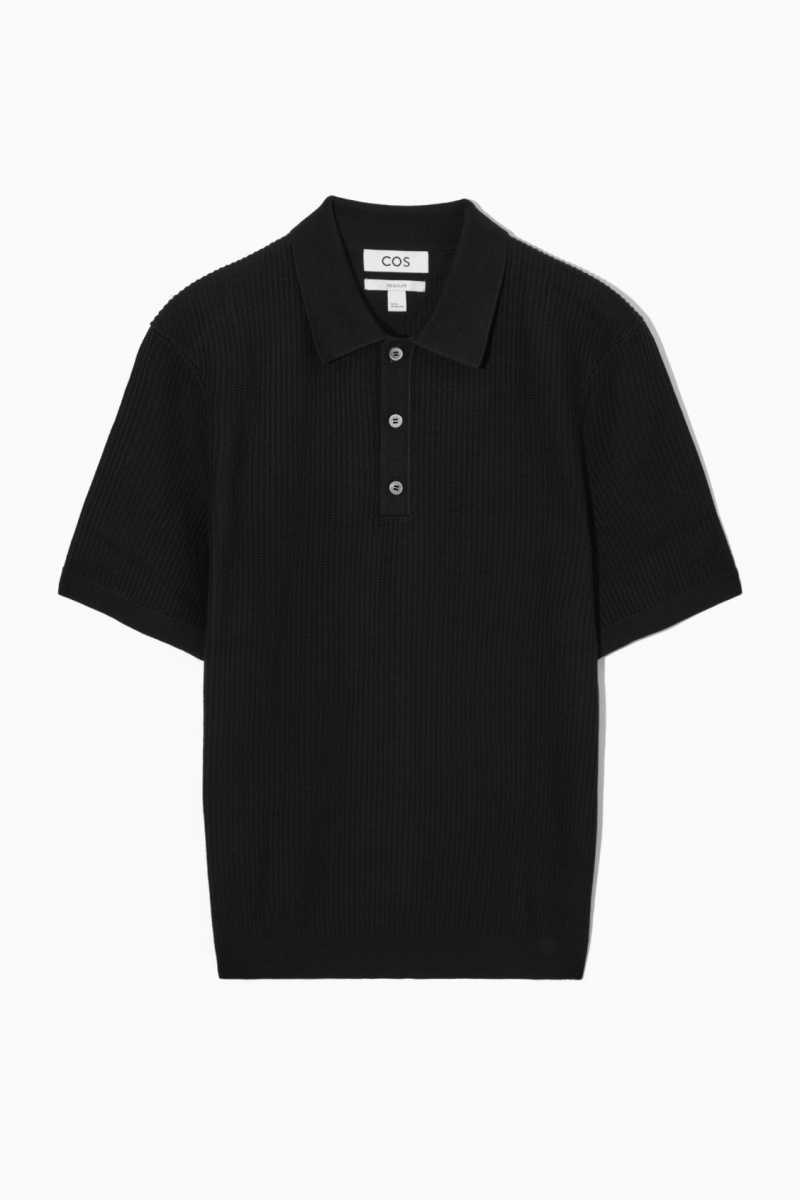 COS Textured Gestrickt Polo Shirts Herren Schwarz | 4891-BIUDP