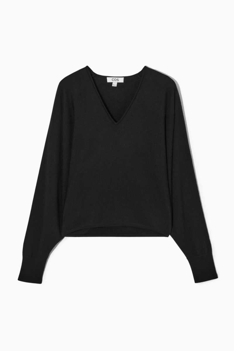 COS V-Neck Merino Wolle Batwing Pullover Damen Schwarz | 7862-JFXMW